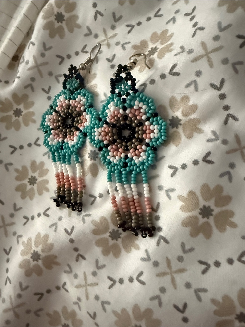 Handmade Turquoise Pink Beaded Flower Fringe Earrings